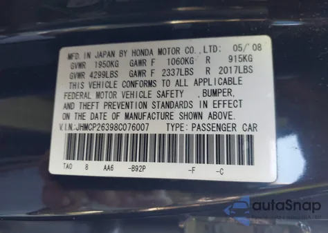 2008 Honda Accord 2.4 Lx z USA, uszkodzony, nr VIN JHMCP26398C076007